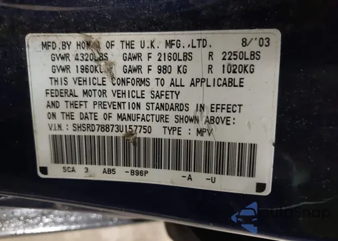 2003 Honda Cr-V Ex из США, поврежденный, VIN SHSRD78873U157750